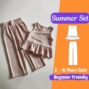 May include: A pink striped tank top with a ruffle hem and matching pink striped pants. The set is for children and is labeled "Summer Set" and "Beginner Friendly".