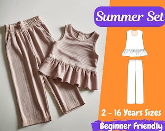 Patrón de costura de top y pantalón para niños, patrón de top, patrón para niños, patrón en PDF, patrón para principiantes, patrón de costura, patrón de pantalón de 2 a 16 años