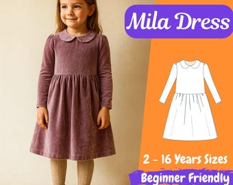 Mila Dress Sewing Pattern, Peter Pan Collar Dress, Fall Outfit, Girls Long Sleeve Dress, PDF Pattern, Sizes 2-16Y, Beginner Friendly