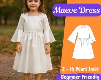 Maeve Kleid Schnittmuster, anfängerfreundliche Mädchen Kleid, digitaler Download für Kinder, PDF-Muster mit Ärmeln, einfach zu nähen Kleidung