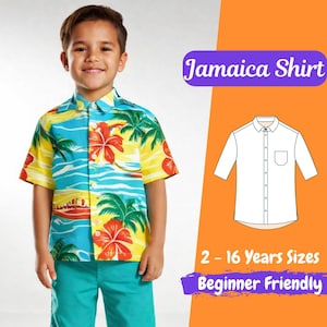 May include: A child wearing a colourful short-sleeved shirt with a tropical design, paired with turquoise shorts. The shirt features a vibrant print of palm trees, flowers, and ocean scenes. Text on the image reads "Jamaica Shirt" and "2 - 16 Years Sizes Beginner Friendly."