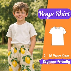 May include: A young boy wearing a cream-colored t-shirt and lemon-print shorts. The image includes a graphic of a white t-shirt and text that reads "Boys Shirt", "2 - 16 Years Sizes", and "Beginner Friendly".