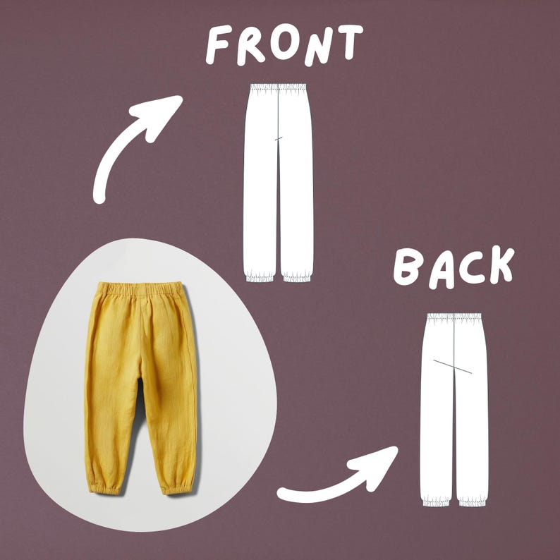 May include: Mustard yellow pants with elastic waistband and cuffs. The image shows the front and back views of the pants, along with a diagram labeled "FRONT" and "BACK". The pants are shown in a flat lay style.