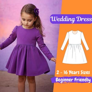 Long Sleeve Baby Dress PDF Pattern Gathered Waist Linen Dress for Kids Sewing Pattern 2 to 16 Years Girls Wedding Dress