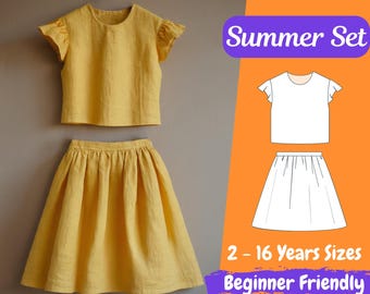 Linen Top and Skirt Sewing Pattern Set for Kids Ruffle Sleeveless Crop Top Pattern Elastic Waist Skirt Pattern from 2 to 16 Years