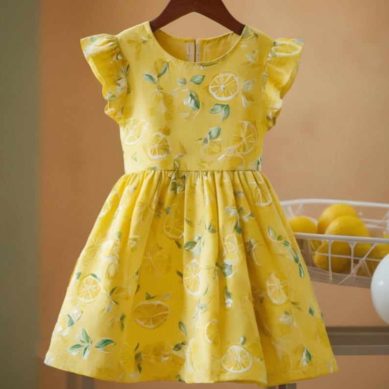 May include: A yellow dress with a lemon print. The dress has short, ruffled sleeves and a fitted bodice that flows into a flared skirt. The lemon pattern includes slices and leaves. The dress is hanging on a wooden hanger.