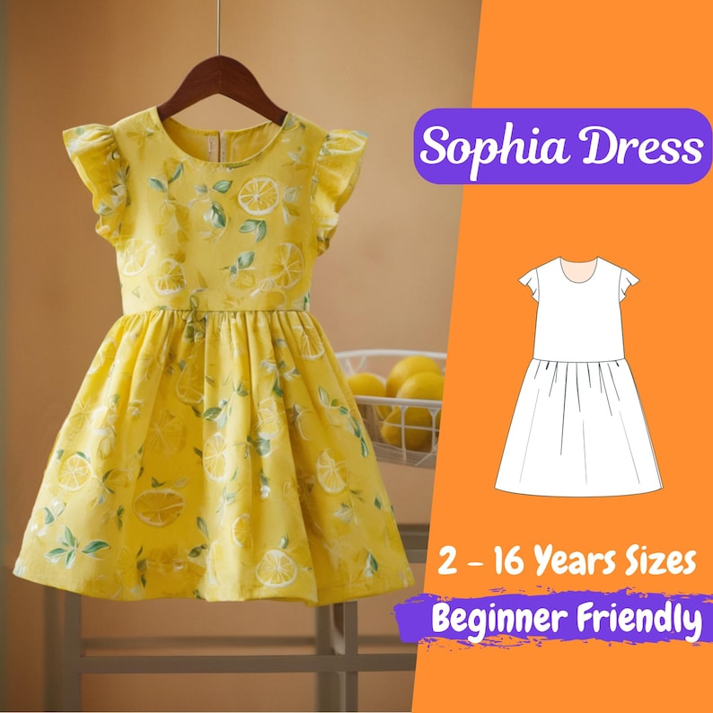 May include: A yellow dress with a lemon print, short sleeves, and a flared skirt. The dress is hanging on a wooden hanger. The text "Sophia Dress" is displayed on a purple banner. The image also includes a dress pattern and text indicating sizes 2-16 years.