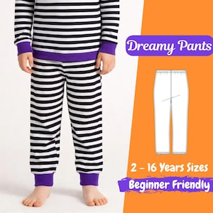 May include: Black and white striped pyjama bottoms and top with purple cuffs and trim. The text "Dreamy Pants" is displayed on a purple banner. The text "2 - 16 Years Sizes" and "Beginner Friendly" are also displayed.