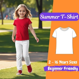 Kids Summer Shirt Sewing Pattern Girls Short Sleeve Top PDF Pattern T Shirt for 2 - 16 Years Girls Blouse Beginner Pattern