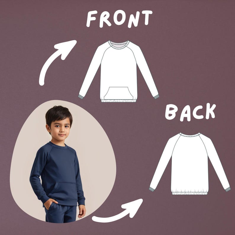 May include: A navy blue long-sleeved sweatshirt with a front pocket. The sweatshirt has a crew neck and raglan sleeves. The sweatshirt is shown on a young person standing in front of a white background. The image also shows a white outline of the sweatshirt, with the words "FRONT" and "BACK" above the outlines.