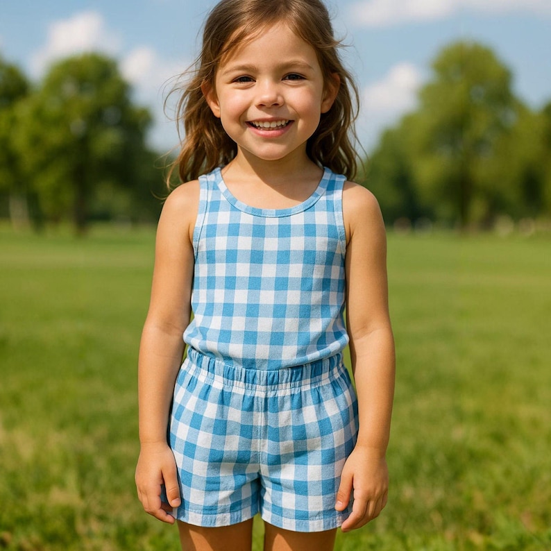 Pu&ograve; includere: Una persona giovane indossa una canotta e pantaloncini a quadretti blu e bianchi. L'outfit &egrave; realizzato in tessuto leggero e ha uno stile casual ed estivo. La persona sorride ed &egrave; in piedi in un campo erboso.