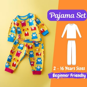 May include: A yellow pajama set with a blue, red, and yellow animal print. The set includes a long-sleeved shirt and pants. The pajama set is for children ages 2-16 years. The text "Pajama Set" and "Beginner Friendly" is on the image.