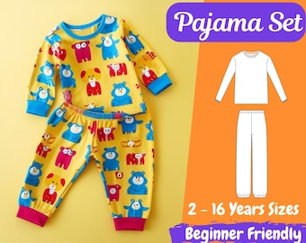 Kids Pajama Set Blouse and Pants Sewing Pattern Diy PJ for Girls and Boys 2 - 16 Years Sewing Pattern Set | Beginner Patterns