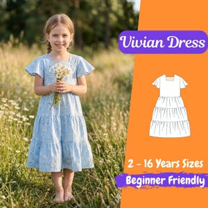 May include: A light blue tiered dress with a white daisy print, flutter sleeves, and a square neckline. The image includes the text Vivian Dress and 2 - 16 Years Sizes Beginner Friendly, alongside a white line drawing of the dress design.