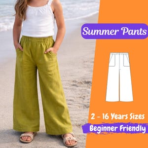 May include: A young person wearing a white tank top and olive green wide-leg pants. The pants have pockets and an elastic waistband. The image includes the text "Summer Pants", a pattern illustration, and the text "2 - 16 Years Sizes Beginner Friendly".