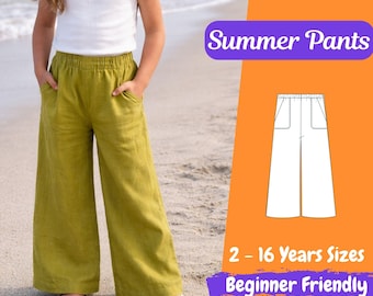 Girls Wide Leg Pants PDF, Linen Summer Trousers With Pockets