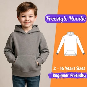 Freestyle Hoodie Pattern, Kids Hoodie PDF, Unisex Sweatshirt, Long Sleeve, DIY Clothes, Sizes 2-16Y, Beginner Friendly