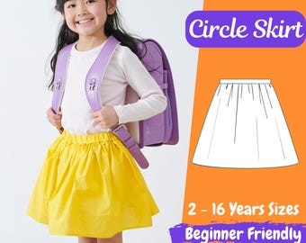 May include: A girl wearing a yellow circle skirt and a purple backpack. The image includes the text "Circle Skirt", "2 - 16 Years Sizes", and "Beginner Friendly".
