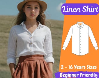 Padrão de costura de camisa de linho infantil para meninas Blusa de manga comprida Padrão em PDF Camisa de verão para meninas Padrão de costura 2-16 anos Padrão para iniciantes