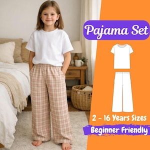 May include: A young person wearing a white t-shirt and plaid pajama pants. The pants are beige with a red and white plaid pattern. The image also shows a diagram of a pajama set and text that reads "Pajama Set", "2 - 16 Years Sizes", and "Beginner Friendly".