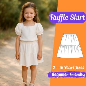 Mönster för volangkjol för flickor – PDF-nedladdning för småbarns- och barnstorlekar, sömnadsmönster för sommarkjol för flickor, enkel gör-det-själv-sommarklädsel