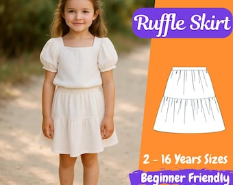 Girls Ruffle Skirt Sewing Pattern – PDF Download for Toddler & Kids Sizes, Summer Skirt for Girls Sewing Pattern Easy DIY Summer Outfit