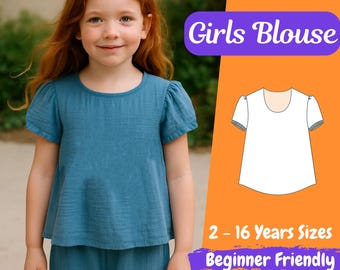 Patrón de costura de blusa para niña (descarga en PDF para tallas de bebé y niña), blusa con mangas abullonadas y detalle de volantes, fácil de hacer para principiantes.
