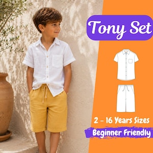 Puede incluir: Un niño lleva una camisa blanca de manga corta y pantalones cortos amarillos. La imagen incluye el texto "Tony Set" y "2 - 16 Years Sizes Beginner Friendly". La camisa tiene un bolsillo en el pecho.