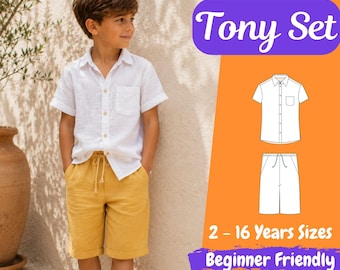 Patrón PDF de conjunto de verano para niños, plantilla de costura para camisa de lino y pantalones cortos para ropa infantil.