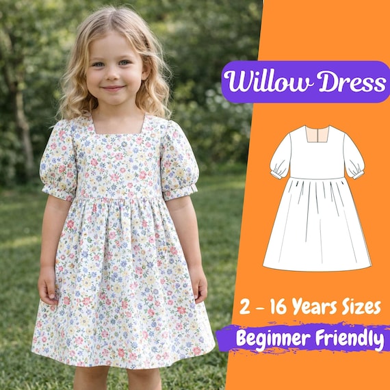 Girls Puff Sleeve Dress Pattern, Square Neck Dress Sewing Pattern, Easy Summer Dress Pattern for Kids, Beginner Friendly Pattern