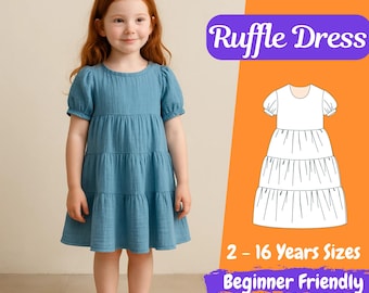 Modello di cucito per abito a balze per bambine, download PDF per taglie per bambini piccoli e bambine, maniche a sbuffo, abito per bambine, outfit estivo facile