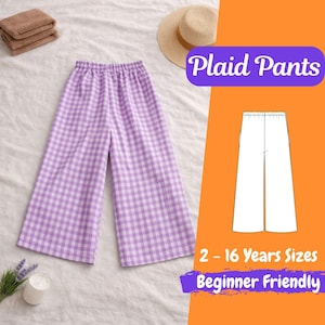 Könnte beinhalten: Eine Hose mit lila und weißem Karomuster und elastischem Bund. Das Bild zeigt auch einen Strohhut, einen Stapel brauner Handtücher und den Text "Plaid Pants", "2 - 16 Years Sizes" und "Beginner Friendly".