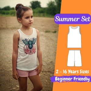 May include: A young girl wearing a white tank top with a teal and black insect design and pink shorts. The image also shows a white tank top and shorts set with the text "Summer Set", "2 - 16 Years Sizes", and "Beginner Friendly".