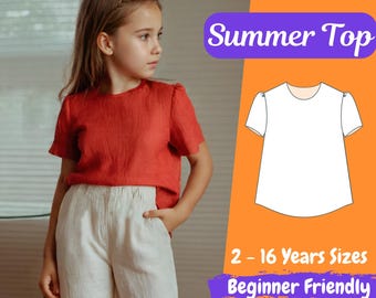 子供用夏用トップスの縫製パターン：カーブVネック サイズ2～16歳（PDF