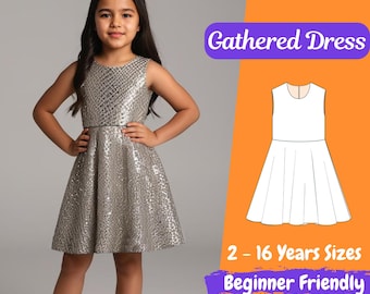 Patrón de costura para vestido de verano fruncido para niñas, patrón de vestido infantil, patrón PDF de vestido sin mangas para niñas, tallas 2 a 16 años, patrón digital
