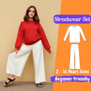 Girls Sweatshirt and Wide Leg Pants Sewing Pattern Set Streetwear Pullover Pattern Palazzo Pants for Kids Sewing Pattern for 2 - 16 Years