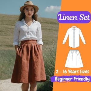 May include: A linen set for girls, featuring a white long-sleeve button-down shirt and a rust-colored A-line skirt. The set is available in sizes 2-16 years and is beginner-friendly to sew. "Linen Set" and "Beginner Friendly" are written in purple text on a bright orange background.