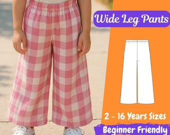 Molde de calça de perna larga, molde de calça em PDF para meninas, cintura elástica, ideal para iniciantes, tamanhos de 2 a 16 anos, ajuste confortável, download instantâneo