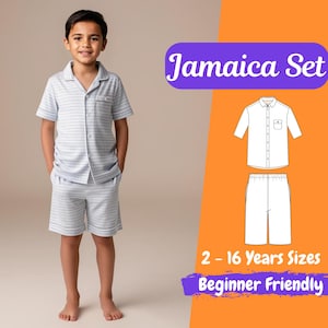 May include: A young person wearing a light blue and white striped pajama set. The set includes a short-sleeved button-down shirt and matching shorts. The image also shows a diagram of the pajama set and text that reads "Jamaica Set" and "2 - 16 Years Sizes Beginner Friendly."
