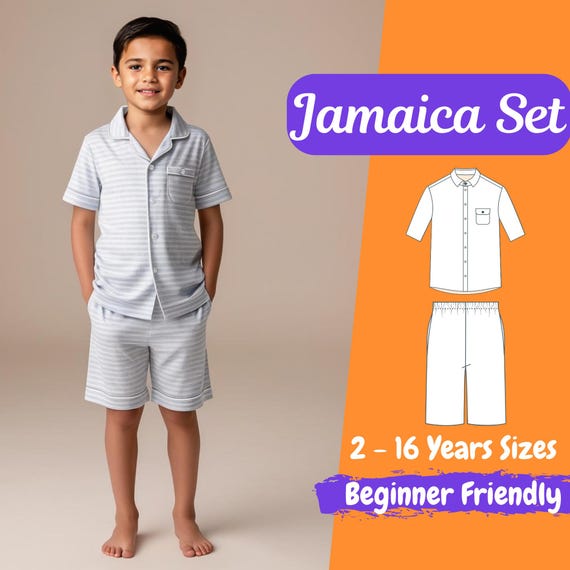 Boys Jamaica Shirt and Shorts Set Sewing Pattern Kids Summer Lounge Set PDF Pattern Casual Loose Summer Set for Kids Beginner Pattern