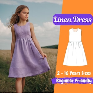 Girls Linen Dress PDF Sewing Pattern, Kids Summer Dress Pattern, Sleeveless Kids Dress Pattern, 2 - 16 Y Dress Pattern