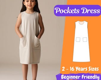 Patrón de costura para vestido sin mangas de tienda de campaña, vestido sin mangas de tienda de campaña para niñas, patrón de costura para vestido infantil en PDF de 2 a 16 años, patrón para principiantes