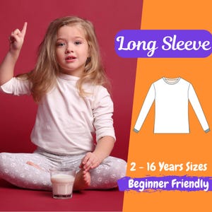 Può includere: Un cartamodello per una camicia bianca a maniche lunghe per bambini, dai 2 ai 16 anni. Il cartamodello è adatto ai principianti. L'immagine mostra una bambina che indossa una camicia bianca, seduta su uno sfondo rosso.