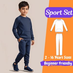 May include: A navy blue sweatshirt and matching sweatpants for kids. The set features a kangaroo pocket on the sweatshirt and a drawstring waistband on the sweatpants. The text "Sport Set" is in purple on a bright orange background. The text "2 - 16 Years Sizes" and "Beginner Friendly" are also included in the image.