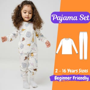Peut inclure: Un ensemble de pyjama blanc avec un imprimé animal coloré. L'ensemble comprend un haut à manches longues et un pantalon. Le texte "Pajama Set" est en violet sur fond blanc. Le texte "2 - 16 Years Sizes" et "Beginner Friendly" est en blanc sur fond violet.