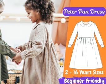 Patrón de costura en PDF para vestido de cuello Peter Pan para niñas, vestido de lino de manga larga para niñas de 2 a 16 años, patrón para principiantes