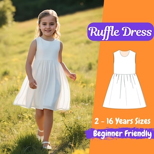 Girls Summer Dress Sewing Pattern Sleeveless Gathered Dress Pattern for Kids Back Button Girls Ruffle Dress Beginner Pattern for 2 - 16 Y