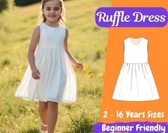 Girls Summer Dress Sewing Pattern Sleeveless Gathered Dress Pattern for Kids Back Button Girls Ruffle Dress Beginner Pattern for 2 - 16 Y