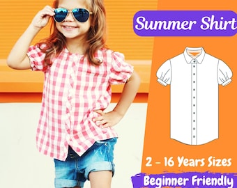 Mädchen Shirt Schnittmuster, Puffärmel Knopf Bluse für Kinder PDF Schnittmuster, Mädchen Sommer Top Pattern