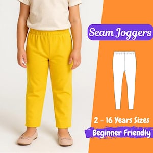 May include: A child wearing yellow seam joggers. The image includes a pattern diagram and text that reads "Seam Joggers", "2 - 16 Years Sizes", and "Beginner Friendly". The background is orange and purple.